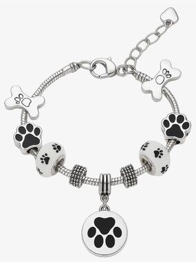 Silver Paw Print Charm Bracelet with White Beads
